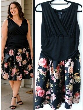 ENFOCUS Foil FLORAL BLACK SLEEVELESS Garden Party DRESS Women's PLUS Size 14 W